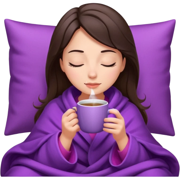 girl brunette inside a violet blanket sipping coffee from pink mug eyes closed emoji