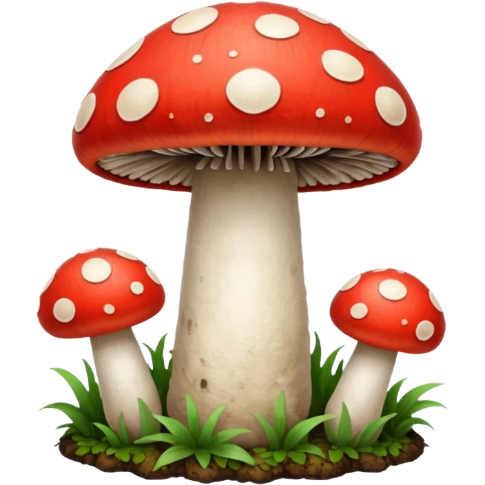 create a mushroom centred emoji, with a representation of the system behind it - an idea of being connected to a regenerative system and growth. Make the mushroom red and white emoji