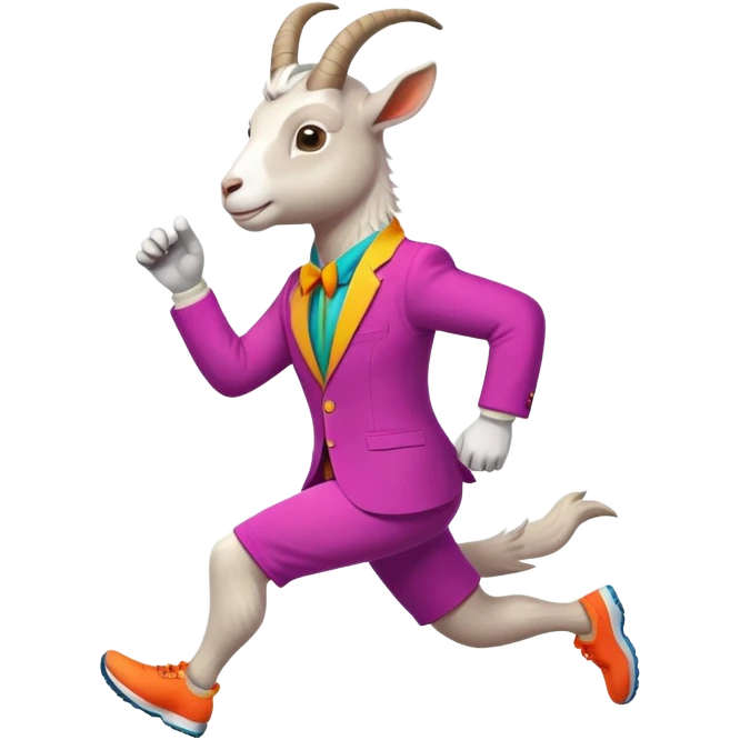 friendly anthropomorphised goat jogging upright in a colourful suit, standard pose emoji