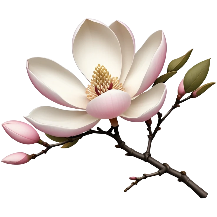 Japanese style Magnolia kobus (kobushi) flower in ukiyo-e inspired design, elegant white petals with subtle pink tinge, bare branches, traditional composition like Japanese woodblock prints emoji