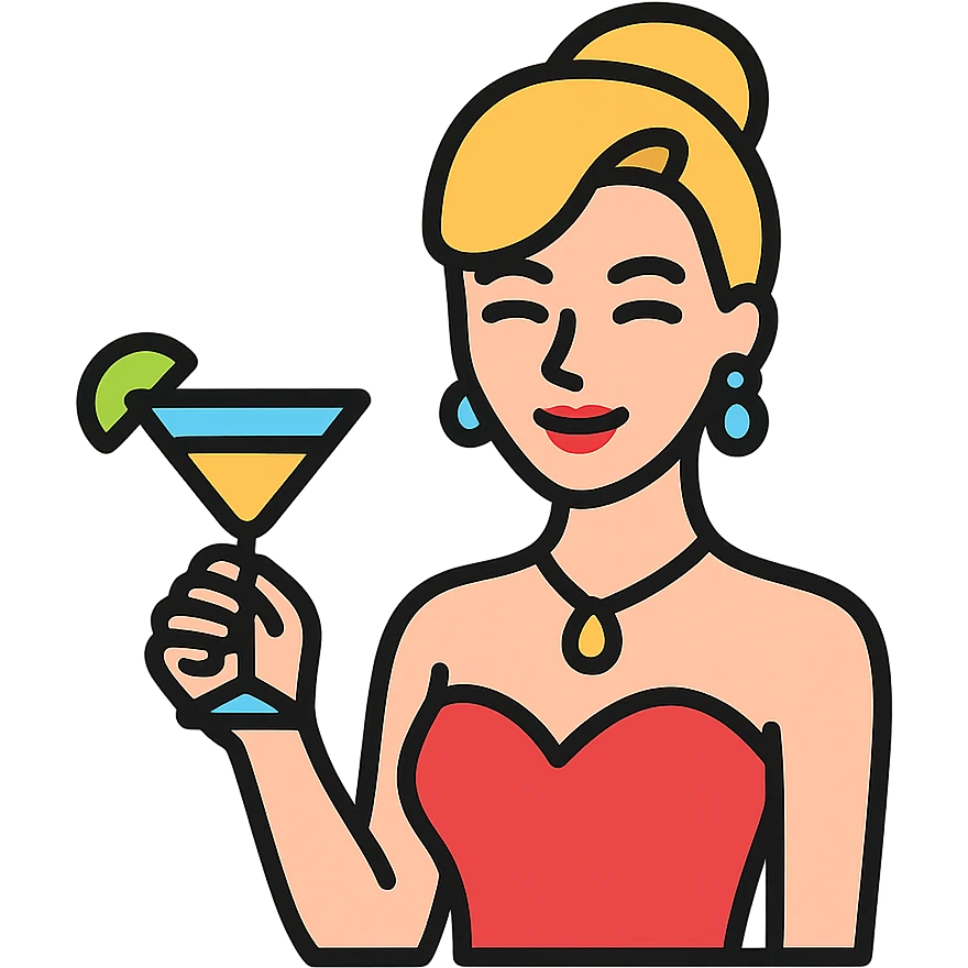 icon of a glamorous cocktail waitress, smiling, holding a drink, elegant and chic, modern icon, color outlined style emoji