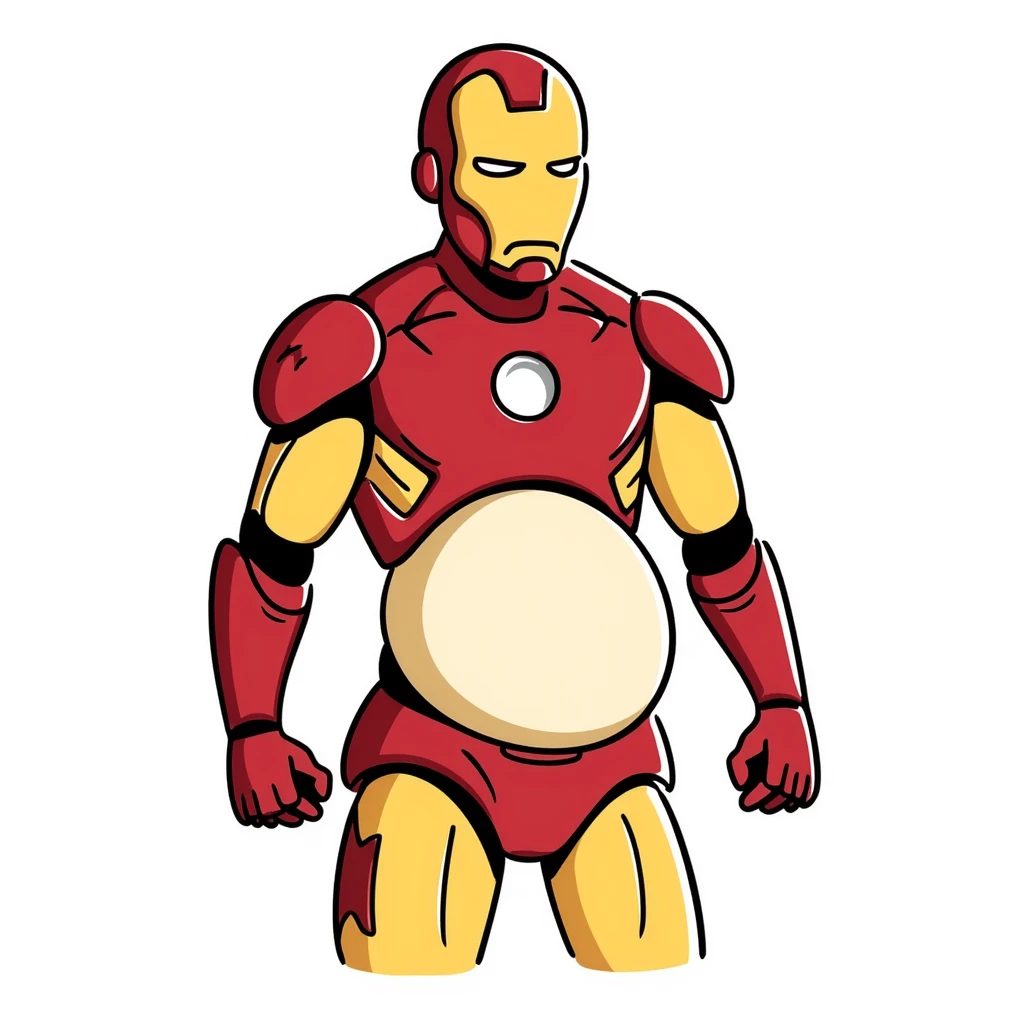 Iron Man superhero with a pregnant belly, iconic red and gold armor suit, arc reactor glowing in chest emoji
