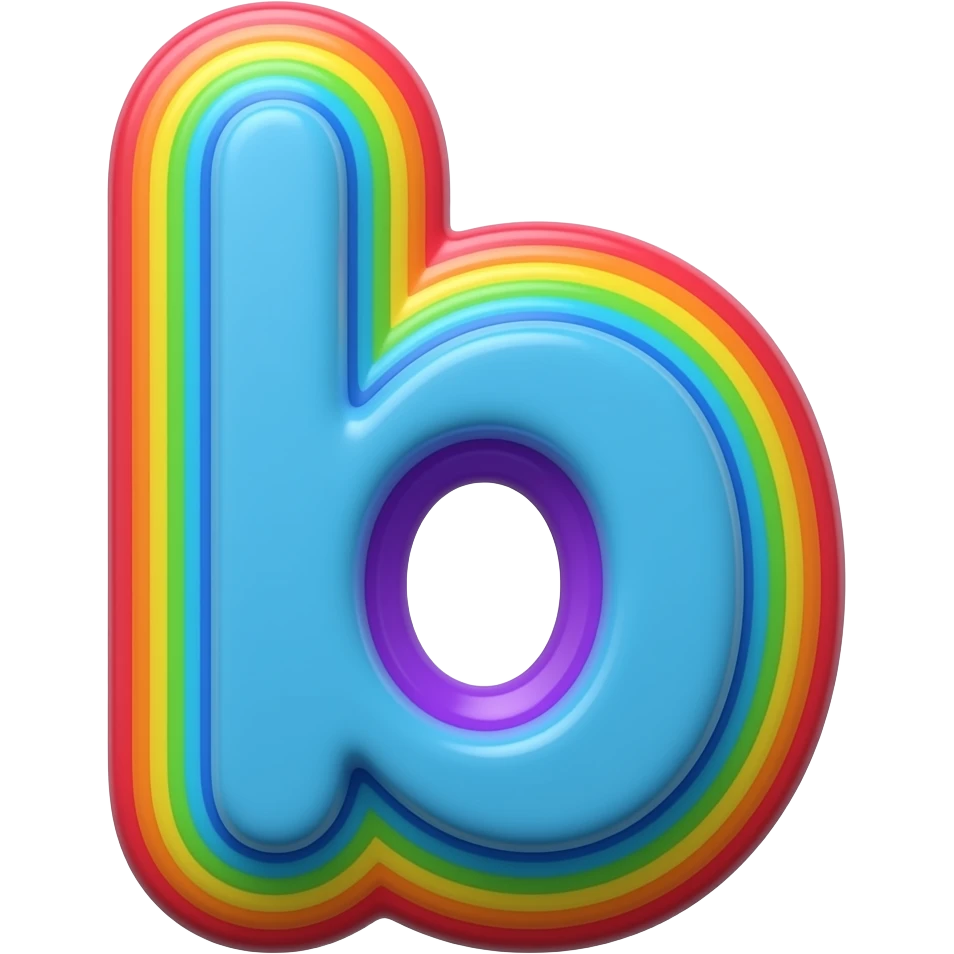 Letter "b" in purple bright blue lime green 3D style typography lettering, each color of the rainbow as a border outlined around each letter, isolated, 3d rendering, no emoji icons no emoji faces and must have no human figures emoji