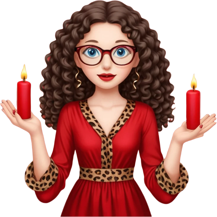 a blue eyed woman with very long brunette curly hair, full lips,and really pale skin. She is wearing a leopard printed thin round-ish glasses . She is wearing fully plain silky red dress. She is flying on the air. There are red candles in her hands. She is making a magic. emoji
