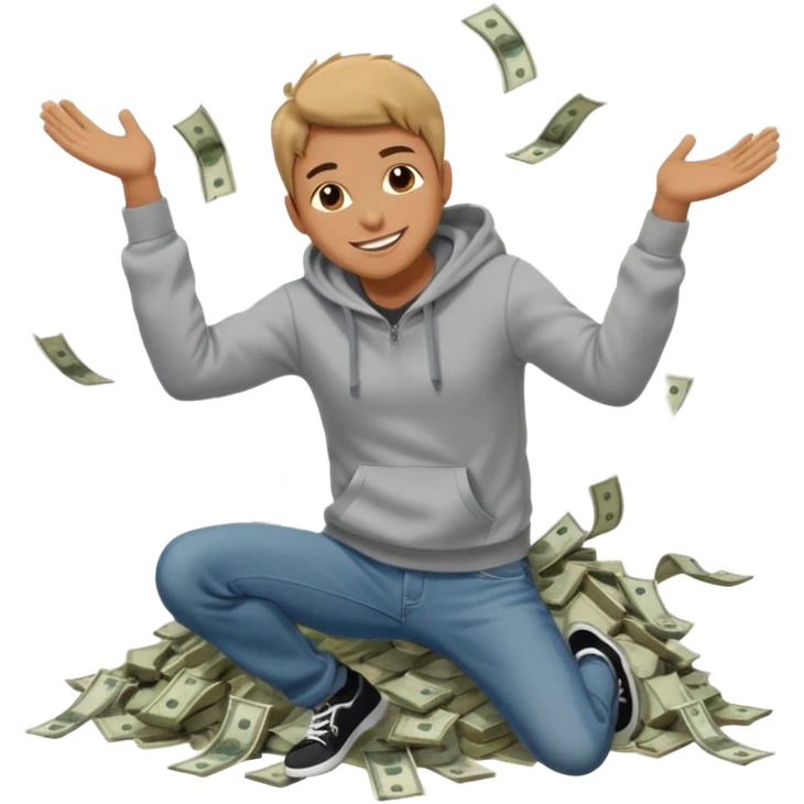 casually dress person in jeans and a hoody jumping into a pile of money emoji