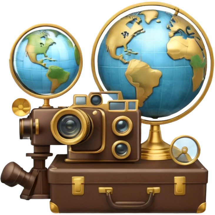 Icon for Documentary Film: A vintage movie poster style with a film reel, a camera, and a globe symbolizing exploration and knowledge. Include elements like a notebook, magnifying glass, and nature or historical visuals to evoke a sense of discovery. Transparent background. emoji