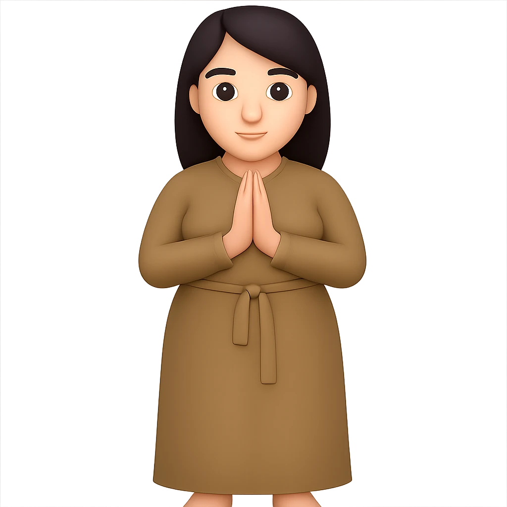 Make the woman have a normal, buxom body, standing and praying from the front view, wearing a long tan dress, with dark brown hair, in emoji style. Remove the background completely. emoji