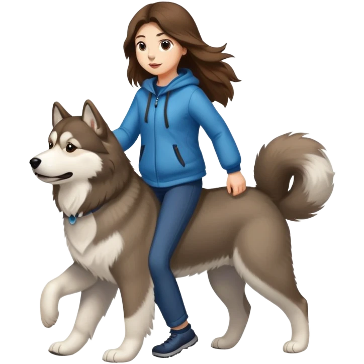 A girl with long brown hair walks an Alaskan emoji