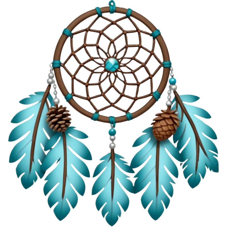 Winter-themed snow-covered spruce pine wooden pinecone dreamcatcher with white feathers, silvery chains and teal leaves emoji