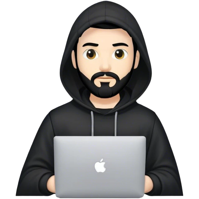 hackeur blanc cheveux noir barbe et capuche noir avec un macbook emoji