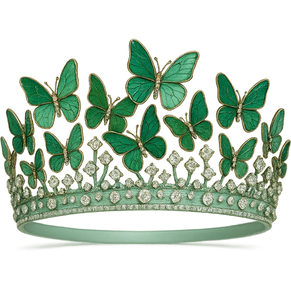 butterfly crown with a mint green base, butterflies in various green enamel shades, sparkling gems emoji