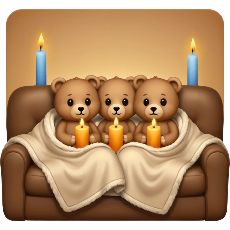 Two cozy teddy bears wrapped in a blanket watching tv on couch with candles next to them emoji