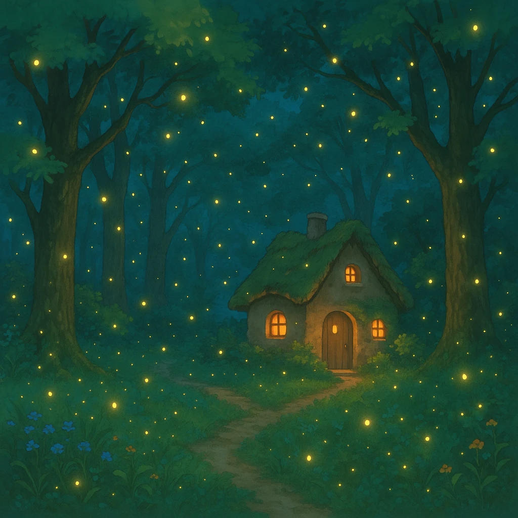 whimsical forest scene with glowing fireflies and a small cottage emoji