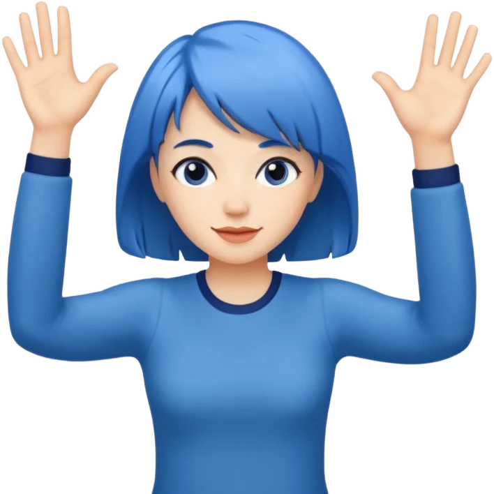 Woman with medium length blue hair doing jazz hands emoji