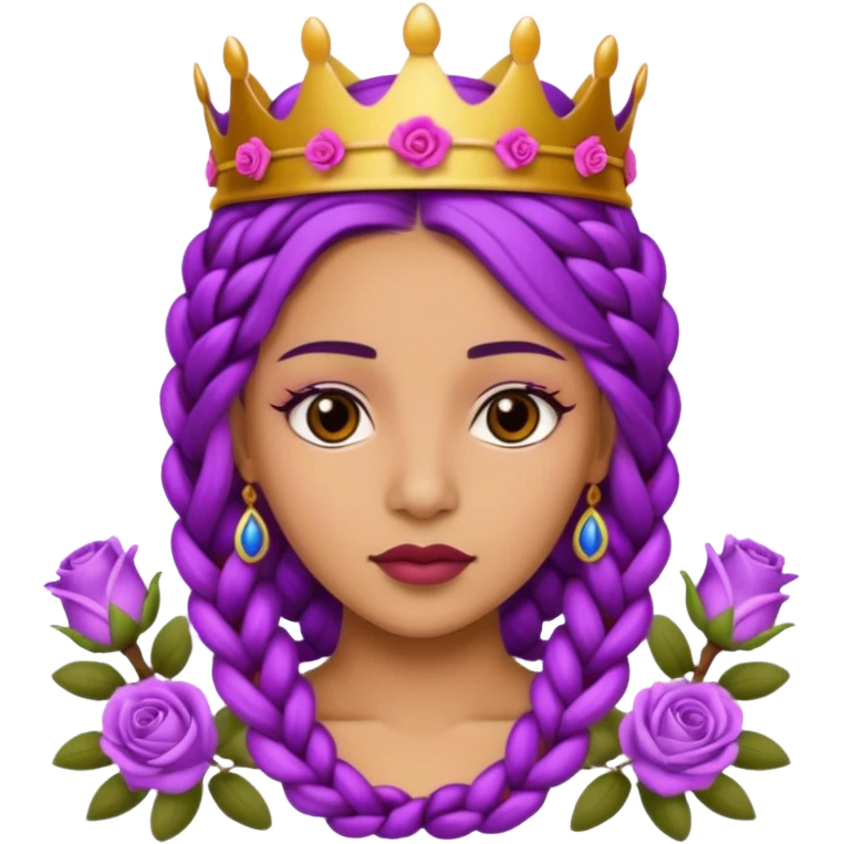 Crown Olive skin queen with purple braids, brown eyes surrounded by roses emoji