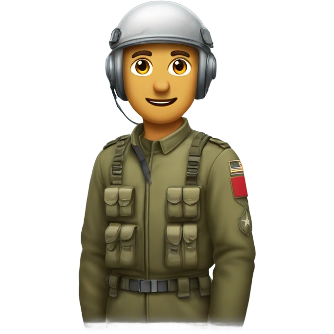 Homme militaire blanc avec des cheveux bruns. Il porte un équipement bariolé et un casque  emoji
