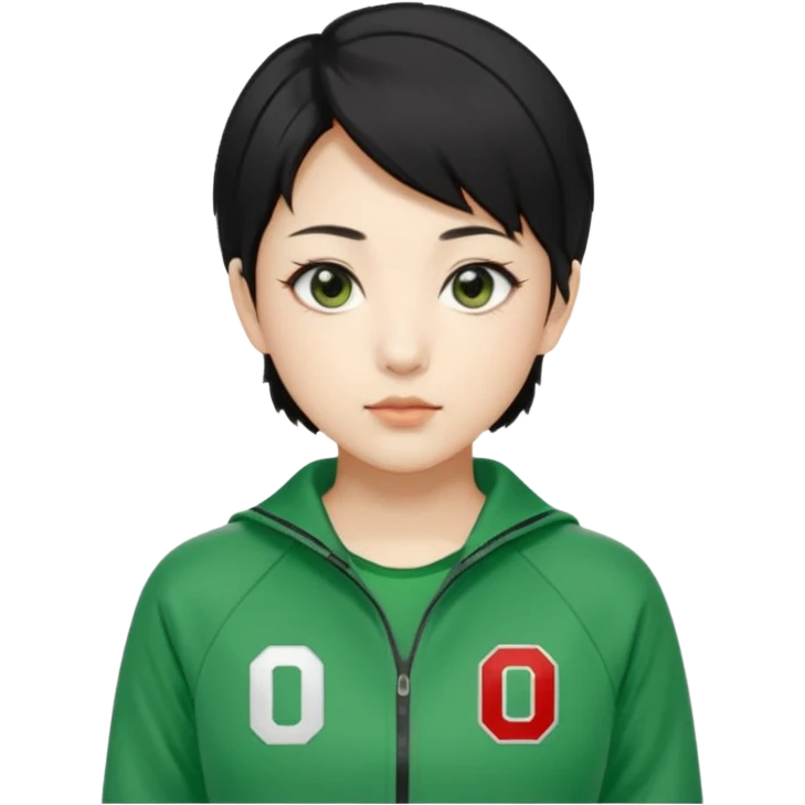 Create Kang Sae-byeok (Player 067), Korean female, short layered black hair, sharp eyes, green tracksuit with number 067 patch on chest. emoji