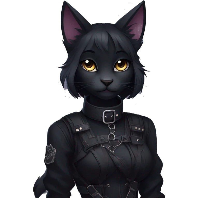 Gorgeous gothic dark techwear anime style anthro black cat furry with blushing face aesthetic and pretty edgy black with collar and harness trending style emoji
