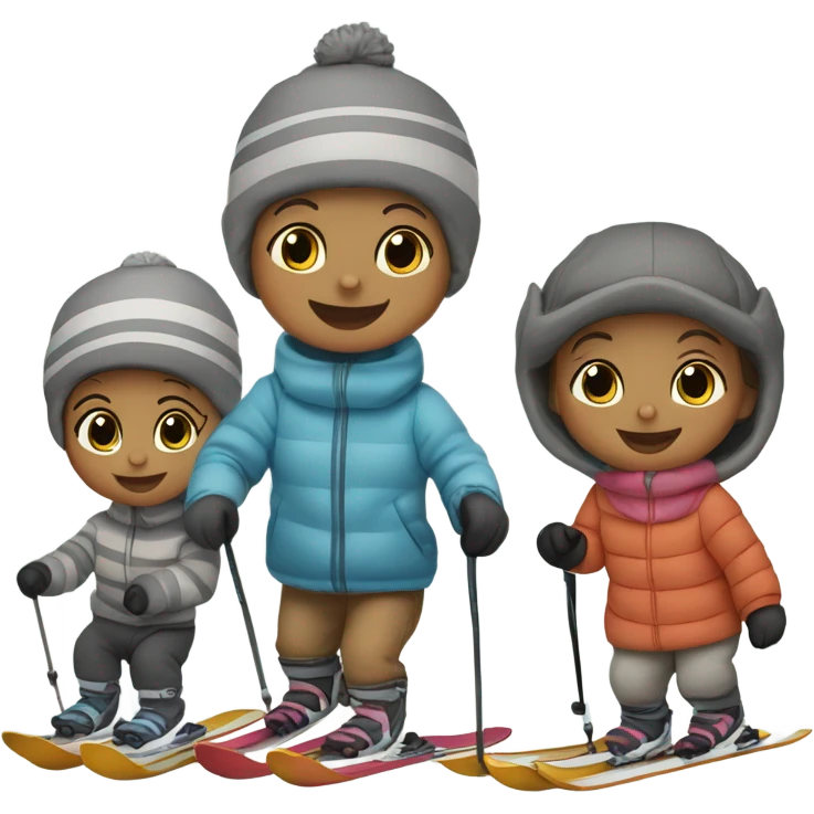Infant skiing with its family of five, and one grey striped cat emoji