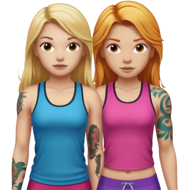 girl with long blonde hair and tattoos next to an athletic ginger girl colorful clothes emoji
