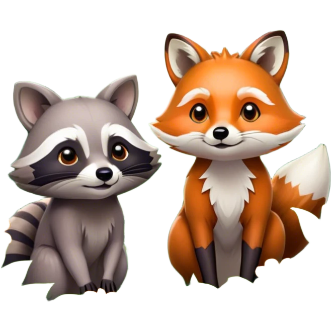 Collage of a raccoon and a fox, in close-up, set in a beautiful forest with tall trees, green bushes, and sunlight filtering through the leaves and flowers. A vibrant, wild atmosphere with a transparent background. emoji