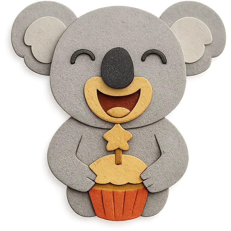 laughing koala holding cupcake with star candle, paper-craft style emoji