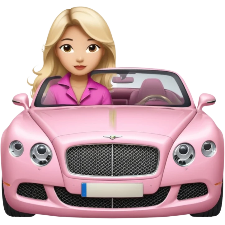 An Asian lady with long Balayage hair with blonde highlights, posing next to a pink Bentley  emoji