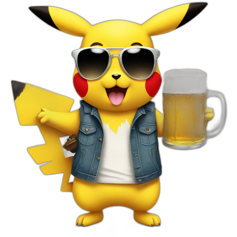 pikachu with sunglasses, a watch, and a beer next to him emoji