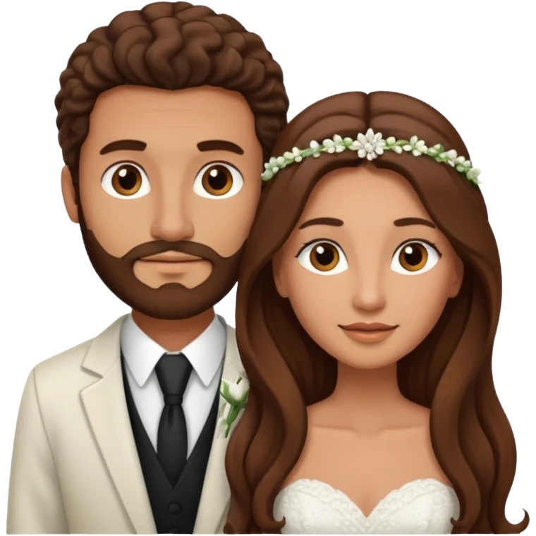 wedding couple woman with long straight brown hair and eyes man with long brown curly hair and facial hair emoji