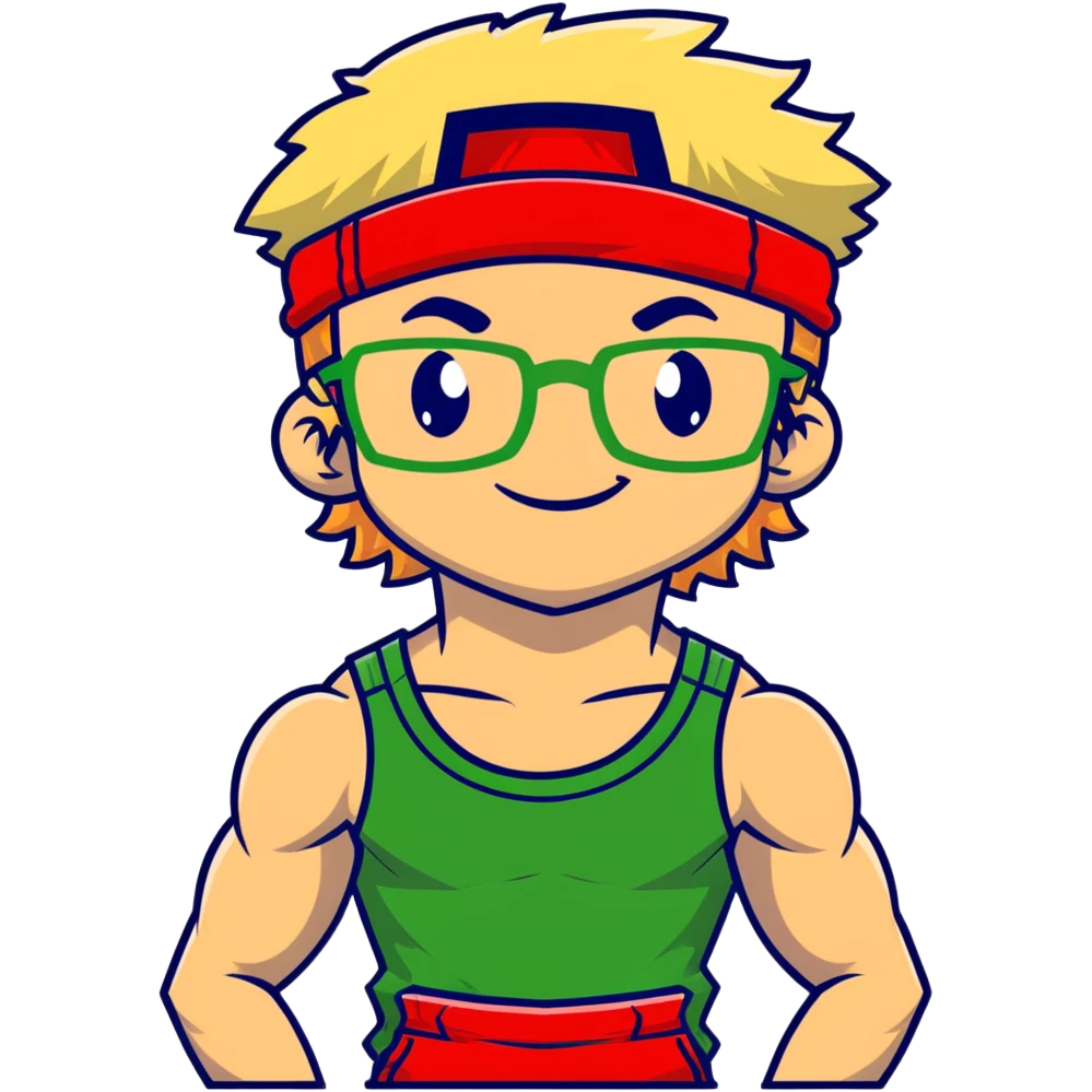 Skinny man with black and white cap, thin bare torso, red shorts, clear glasses, messy light blond mullet hairstyle, smiling and attempting to flex nonexistent muscles emoji