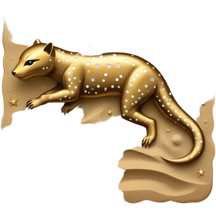 A nocturnal predator with a body resembling polished bronze plates that absorb moonlight, featuring constellation patterns that rearrange themselves to hypnotize prey before it strikes from beneath the sand. full body emoji