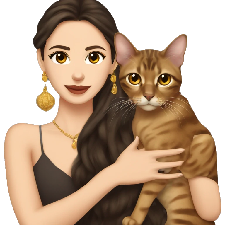 Beautiful skinny woman long dark brown hair in dark dress with gold earrings hug bengal cat emoji