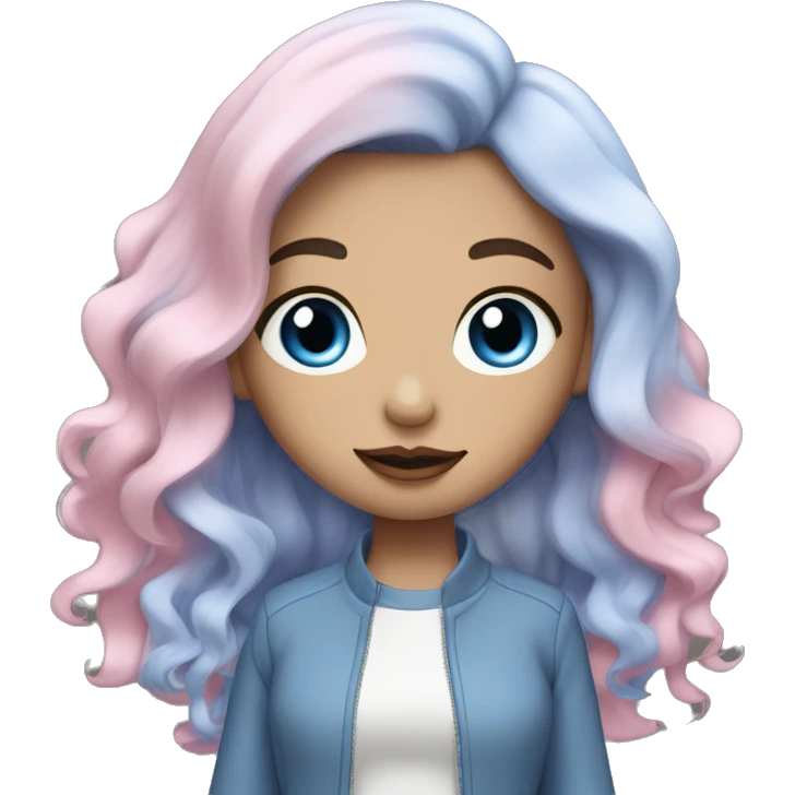 Cut girl with long wavy black and blue hair, blue eyes, pale sin, pink lips, blush. emoji