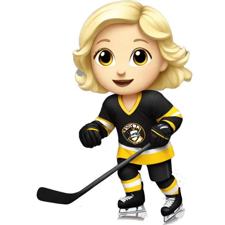 Baby girl with blond hair is playing ice hockey in black and white and yellow dress emoji