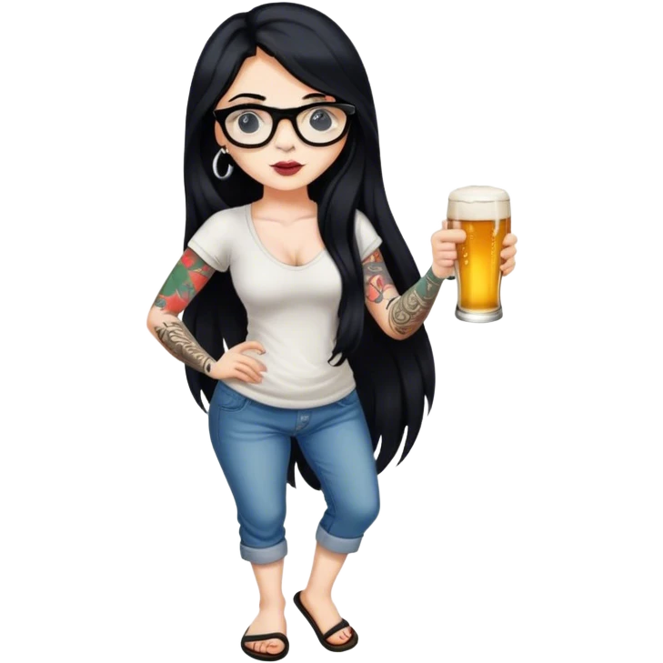 A beautiful woman with long black hair, wearing slippers that stand out, glasses on her face, tattoos on her arm, and holding a beer in one hand. emoji