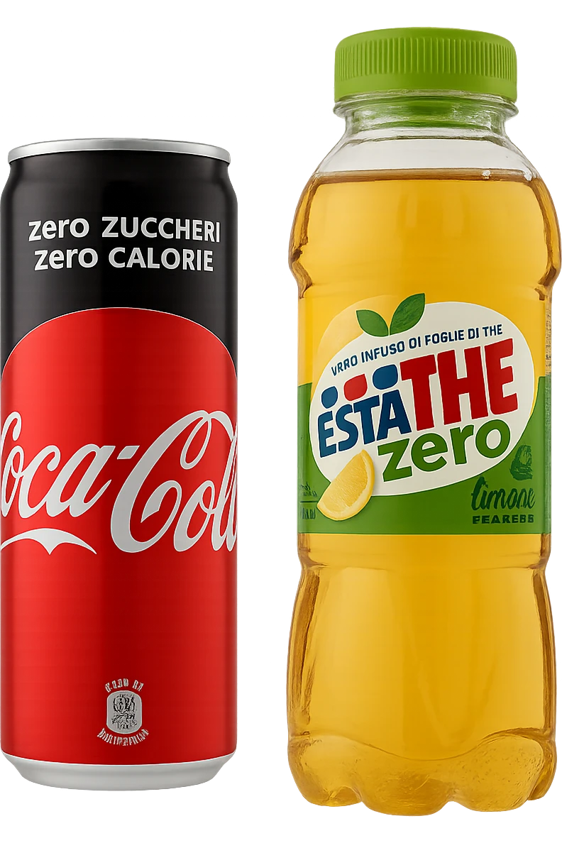 lattina di coca cola zero fluttua accanto a bottiglia di esta-thè zero, iperrealistiche 4k emoji