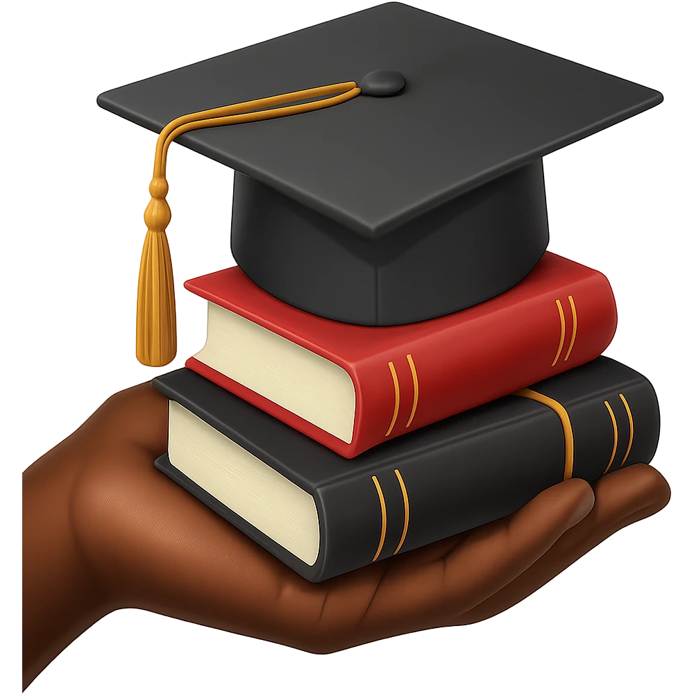 Make the stack of graduation books with cap emoji feature an African American hand or character, with no background. emoji