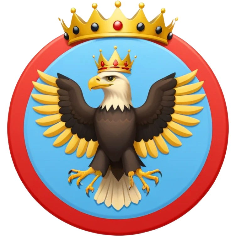 A light blue flag featuring a red and black horizontal stripe across the center. In the middle, a yellow circle contains a golden heraldic eagle with spread wings and a small crown above its head. Flat 2D vector style. emoji