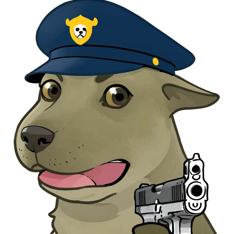 A dog wearing a hat with a gun emoji