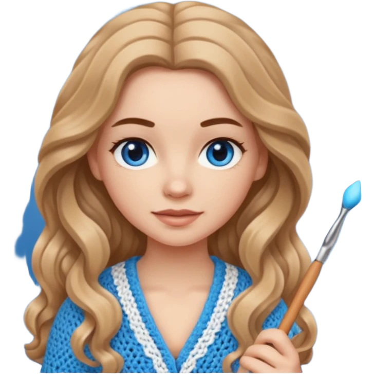 White Girl with light brown wavy long hair and blue eyes with a small crochet hook emoji