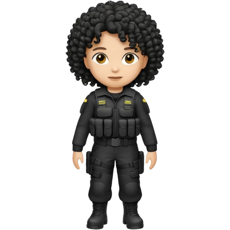 emoji dressed in black, curly hair, light skin, and tactical gear  emoji