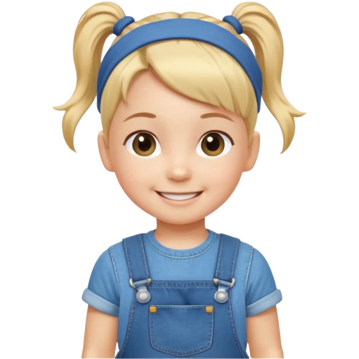 Cheerful toddler with a single small hair tie ponytail on top of head and  denim overalls, smiling at camera emoji
