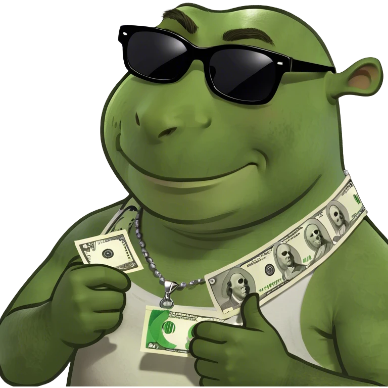 Shrek, wearing sunglasses, counting money emoji