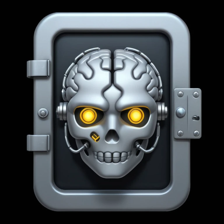 A digital brain locked behind a door, dark cyberpunk mood, black background emoji