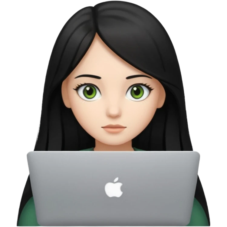 Girl whit a mackbook, black and straight Hair. brown- green eyes emoji