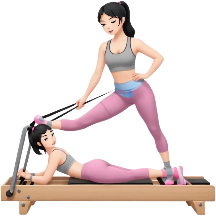 Create a Pilates emoji: a girl with fair skin and black hair, wearing a grey bra and grey leggings with pink pilates socks, on all fours on a wooden reformer. Make it look at the reformer. Make the colors neutrals. emoji