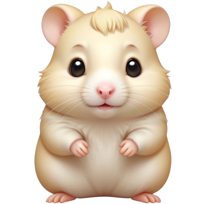 Cinematic Cute Cream Hamster Portrait Emoji, Head tilted playfully and inquisitively, featuring a silky, pristine cream coat with a gentle sheen, round, sparkling dark eyes filled with curiosity, Simplified yet irresistibly adorable features, highly detailed, glowing with a warm, friendly glow, high shine, affectionate and lively, stylized with a touch of whimsy, bright and endearing, soft glowing outline, capturing the essence of a mischievous yet loving hamster, so playful it feels like it could dash out of the screen and into your arms! emoji