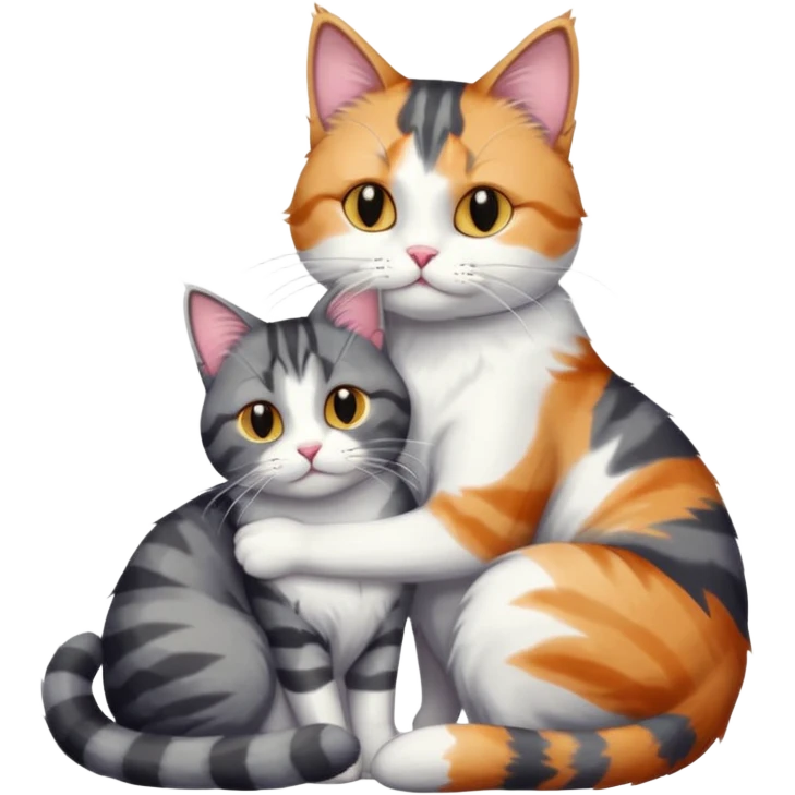 full body colourful light patched calico + white tabby cat cuddling a bigger cat that is dark grey and white tabby cat  emoji