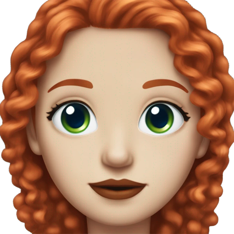 straight long curly red hair, tomato red lipstick, blue-green bright eyes, white skin and a very small sharp nose emoji