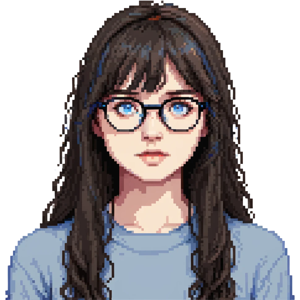 teenage girl with long dark brown hair, bangs, blue eyes, round glasses with thin black frames emoji